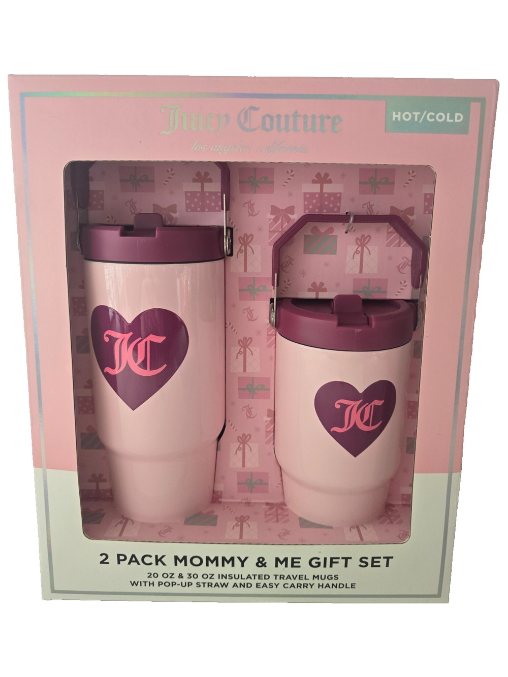 Juicy Couture 2 Pack Mommy & Me Gift Set Travel Hot Cold Mugs Pop-Up Straw